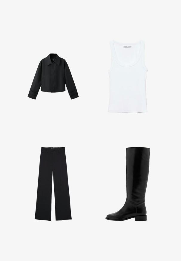 Veste courte noire avec col large, manches longues, poignets boutonnés et fermeture à boutons sur le devant.; Débardeur blanc uni sans manches avec encolure arrondie, fabriqué en tissu doux, étiquette à l'intérieur du col indiquant la marque et la taille.; Pantalon noir à jambes larges avec passants de ceinture, bouton frontal et fermeture éclair, étalé à plat sur un fond blanc.; Botte noire en cuir, montante jusqu'au genou, avec une texture lisse, un bout rond, un petit talon et un design minimaliste. Elle présente une tige ajustée et des accents cousus.