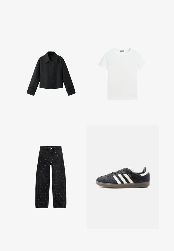 Zwarte korte jas met brede kraag, lange mouwen, met knopen gemaakte manchetten en knoopsluiting aan de voorkant.; Effen wit T-shirt met korte mouwen, een ronde hals en een klein zwart labeltje aan de binnenkant van de kraag.; Zwarte straight-leg spijkerbroek met metalen oogjes die de stof gelijkmatig bedekken, voorzien van voorzakken en riemlussen.; Zwarte Adidas Samba sneaker met witte strepen, gumzool en gouden "Samba" tekst aan de zijkant, gezien van links op een effen achtergrond.