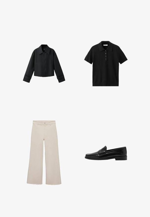 Sort kort jakke med bred krave, lange ærmer, knappede manchetter og knaplukning foran.; Sort kortærmet polo-shirt med fire knapper foran og klassisk krave, vist på hvid baggrund.; Beige brede jeans med høj talje, lavet af denimstof. Har en rå kant forneden samt en frontknap og lynlås lukning.; Mango Loafers - black