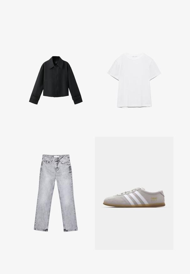 Schwarze gekürzte Jacke mit weitem Kragen, langen Ärmeln, geknöpften Bündchen und vorderer Knopfleiste.; Unifarbenes weißes T-Shirt mit kurzen Ärmeln und Rundhalsausschnitt, gerader Saum, dargestellt auf weißem Hintergrund.; Graue Jeans aus Denim mit geradem Bein, mit Used-Effekten, fünf Taschen und kupferfarbenen Nieten. Der Bund verfügt über ein Logoshirt.; Graue Wildleder-Sneaker mit weißen Lederstreifen und goldenen Logodetails. Flache Gummisohle, abgerundete Zehenpartie und klassisches Schnürverschlussdesign.