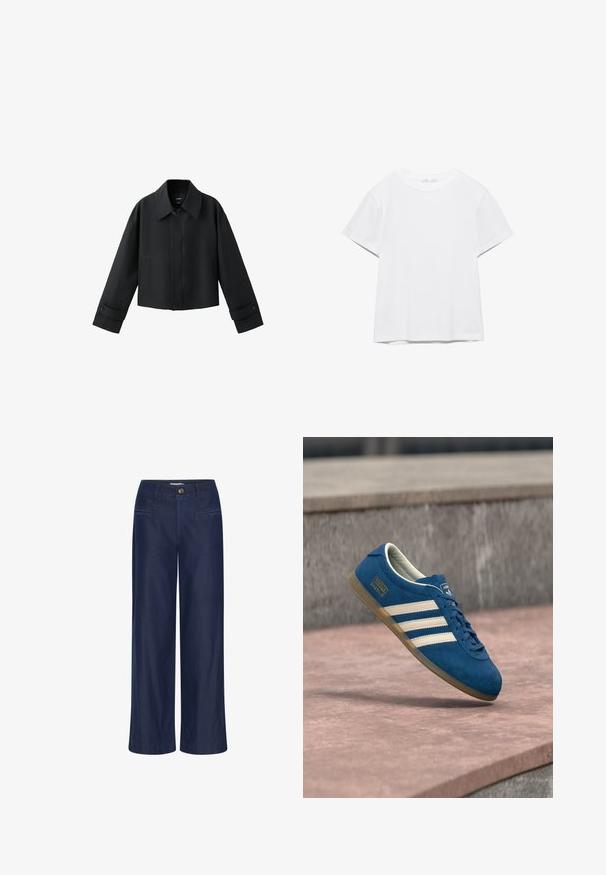 Sort kort jakke med bred krave, lange ærmer, knappede manchetter og knaplukning foran.; Hvid, kortærmet T-shirt med rund hals og lige kant, vist på en hvid baggrund.; ICHI IHFlared - Flared jeans - dark blue; Blå ruskindsneaker med cremefarvede striber og snørebånd, sål af gummiridse, tekstureret overflade, rundet tå og mærkning på siden.