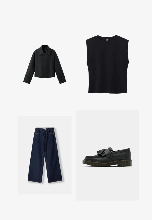Sort kort jakke med bred krave, lange ærmer, knappede manchetter og knaplukning foran.; Sort ærmeløs t-shirt med rund halsudskæring, lige kant og et B5-mærke på indersiden af nakken.; Mørkeblå vidde denimjeans med knap- og lynlås foran, forlommer og bæltestropper, lagt fladt på en hvid baggrund.; Sorte læder loafers med rund tå, der har frynse detaljer og et dekorativt bånd på tværs af fronten, sat på en kraftig hæl.