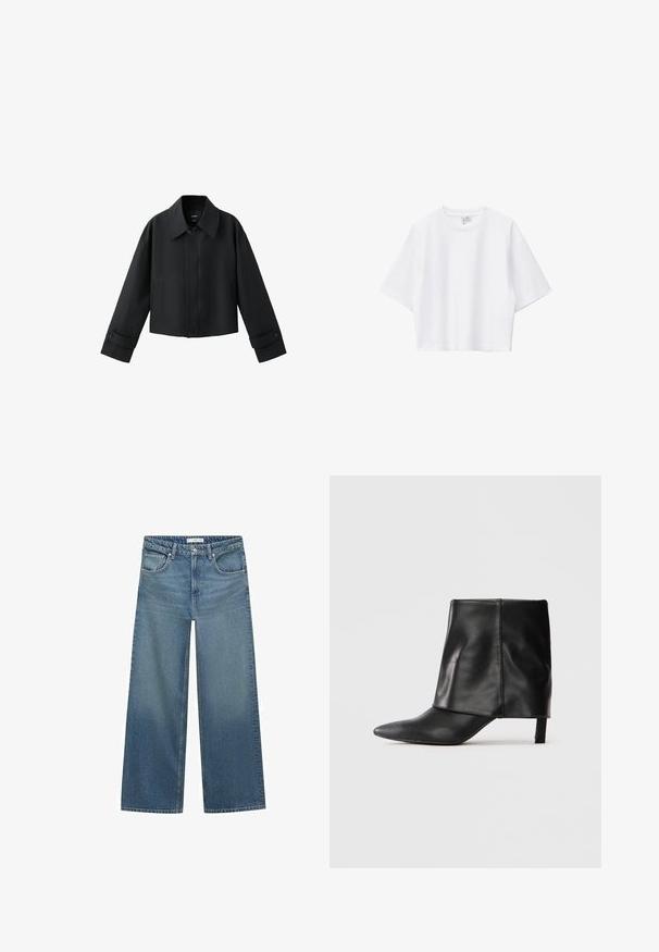 Sort kort jakke med bred krave, lange ærmer, knappede manchetter og knaplukning foran.; Hvid cropped t-shirt lavet af blød bomuld med rund hals, korte ærmer og løs pasform. Simpelt og alsidigt design.; Lysblå vid ben jeans lavet af denim, med mellemhøj talje, to frontlommer og klassiske syninger.; Sort læderstøvle til midten af læggen med spids tå, foldet øvre skaft og slank lav hæl, der står på hvid baggrund.