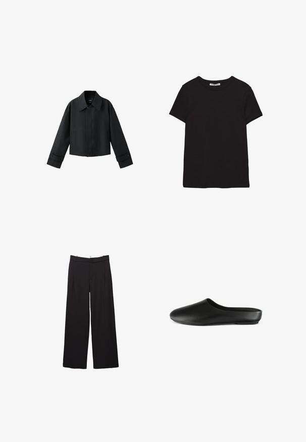 Veste courte noire avec col large, manches longues, poignets boutonnés et fermeture à boutons sur le devant.; T-shirt noir en coton à manches courtes avec encolure ronde, coupe standard et étiquette intérieure visible au niveau du col.; Pantalon large noir à plis avant avec passants pour ceinture, coupe ajustée, taille moyenne, et fermeture avant dissimulée.; Mocassin noir avec une finition en cuir lisse, bout arrondi, design minimaliste et style sans talon, doté d'une semelle basse et plate.