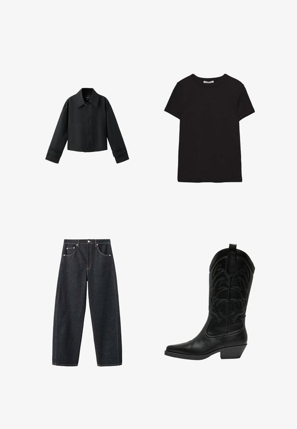 Sort kort jakke med bred krave, lange ærmer, knappede manchetter og knaplukning foran.; Sort kortærmet t-shirt i bomuld med rund halsudskæring, standard pasform og synlig indvendig halsmærkat.; Mørkeblå denim jeans med vide ben, fem lommer og kontrastsyning, vist fladt på en hvid baggrund.; Sort læder cowboy støvle med spids tå, stablet hæl og dekorativ syning på skaftet. Glat overflade med mat finish.