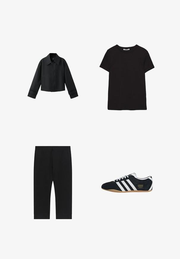 Sort kort jakke med bred krave, lange ærmer, knappede manchetter og knaplukning foran.; Sort kortærmet t-shirt i bomuld med rund halsudskæring, standard pasform og synlig indvendig halsmærkat.; Sorte strækbukser med en tætsiddende pasform, der har en glat tekstur og cropped længde, afsluttet med en simpel kant ved anklerne.; Sort ruskinds sneaker med hvide tre striber, guldlogo og en brun gummisål. Har et lavprofil snørebåndsdesign.