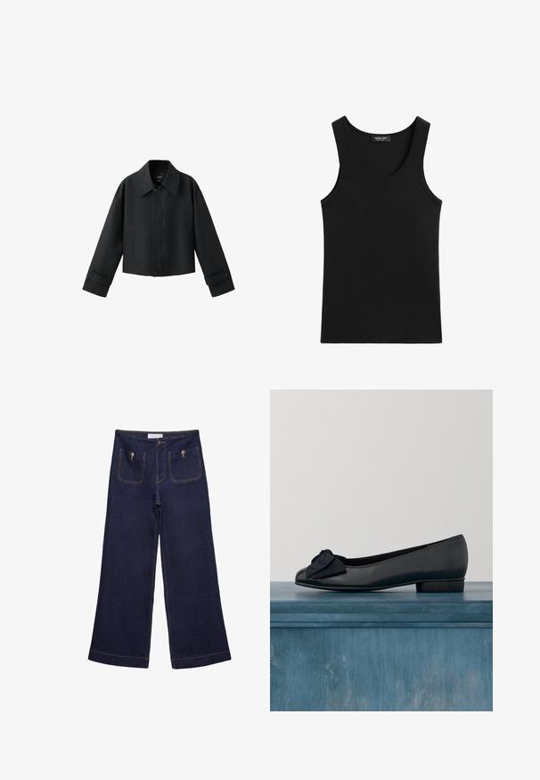 Veste courte noire avec col large, manches longues, poignets boutonnés et fermeture à boutons sur le devant.; Débardeur noir sans manches à encolure ronde, en tissu lisse, avec une petite étiquette de marque à l'intérieur du col.; Pantalon en jean large bleu foncé à taille haute, poches plaquées à l'avant fermées par des boutons en métal et détails de coutures visibles.; Ballerines en cuir noir avec un bout arrondi, dotées d'un cap en cuir verni et d'un accent de nœud en tissu à l'avant. Talon bas et robuste.