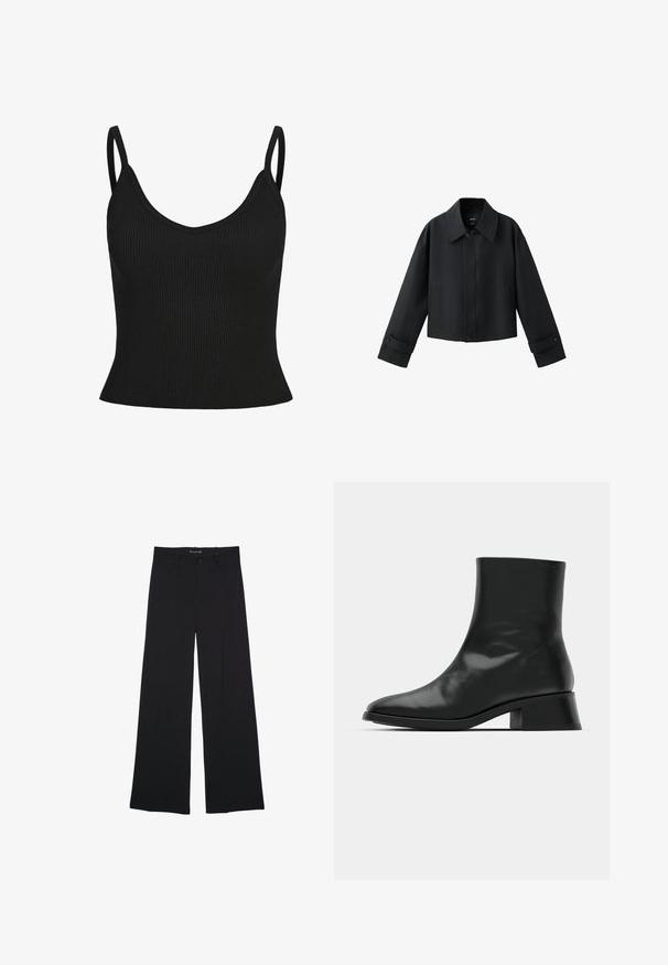 Schwarze gekürzte Jacke mit weitem Kragen, langen Ärmeln, geknöpften Bündchen und vorderer Knopfleiste.; Schwarzes geripptes Tanktop mit dünnen Trägern, V-Ausschnitt, taillierter Form und strukturiertem Stoff. Keine zusätzlichen Muster oder Akzente sichtbar.; Schwarze, weit geschnittene Hose mit Knopf- und Reißverschluss, Gürtelschlaufen und glattem, maßgeschneidertem Finish.; Schwarze Ankle Boots aus glänzendem Leder, mit einem eleganten Design, spitzer Zehenpartie und einem moderaten Blockabsatz für Stabilität.