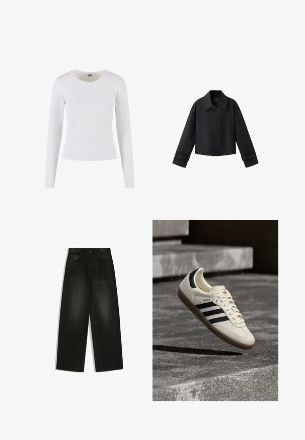 Veste courte noire avec col large, manches longues, poignets boutonnés et fermeture à boutons sur le devant.; T-shirt blanc à manches longues en coton doux, avec un col rond et une silhouette ajustée, sans motifs ni accents.; Jean en denim noir à jambes larges, fermeture devant par bouton et zip, passants de ceinture et deux poches avant sur fond blanc.; Baskets blanches Adidas Samba avec des bandes noires et une semelle en gomme, flottant au-dessus de marches en béton gris texturé.