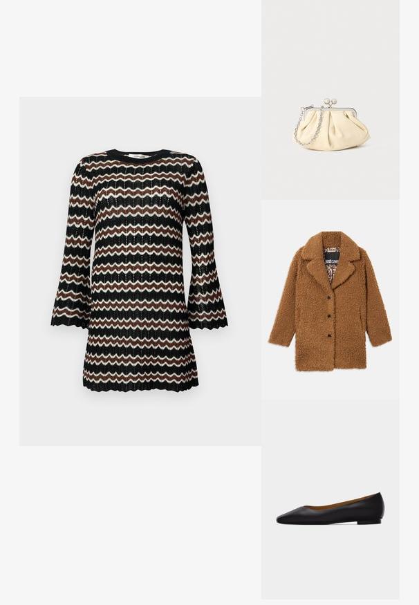 Brun teddyfrakke med tre sorte knapper, brede slag og leopardprint-fór, der ses indeni kraven.; Sort, hvid og brun zigzag-mønstret strikkjole med klokkeærmer og rund halsudskæring, der har et tekstureret åbent vævdesign.; Sort læder flad sko med spids tå, lav hæl og glat finish, vist fra siden på en lysegrå baggrund.; Plisseret beige læderclutch med en sølvmetalramme, der har to runde dekorative låse og en sølvkædetrasporte.