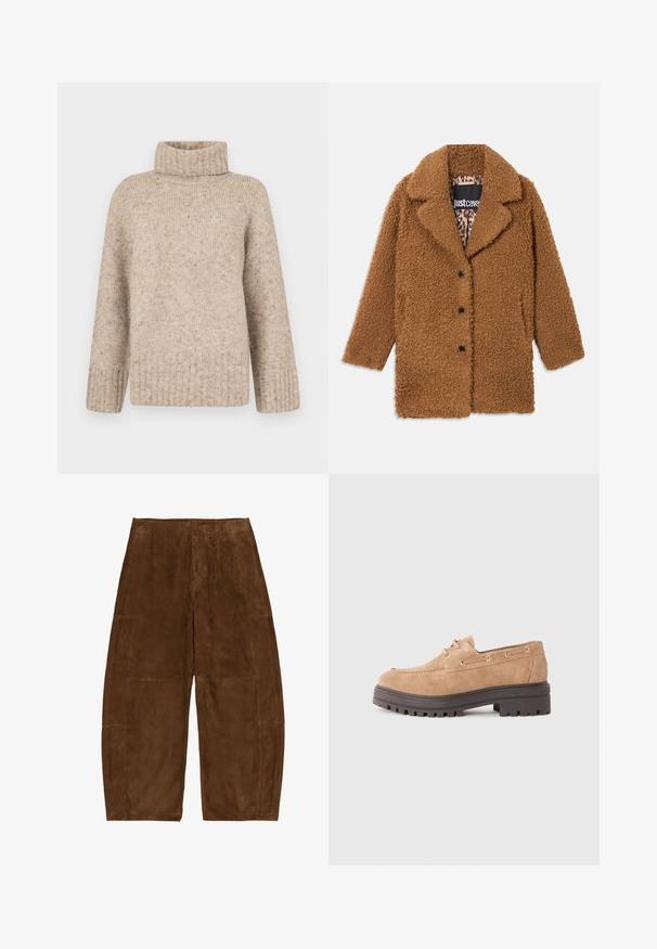 Abrigo de peluche marrón con tres botones negros, solapas anchas y forro de leopardo visible en el interior del cuello.; Vero Moda Knitted VMINGRID Knitted - Jersey de punto - beige; Pantalones de ante marrón de pierna ancha con detalles de paneles cosidos y cintura alta, mostrados planos sobre un fondo blanco.; Mocasines de ante beige con suela de goma plana y estriada y ojales metálicos para los cordones, con punta redondeada y un detalle de costuras mínimas.