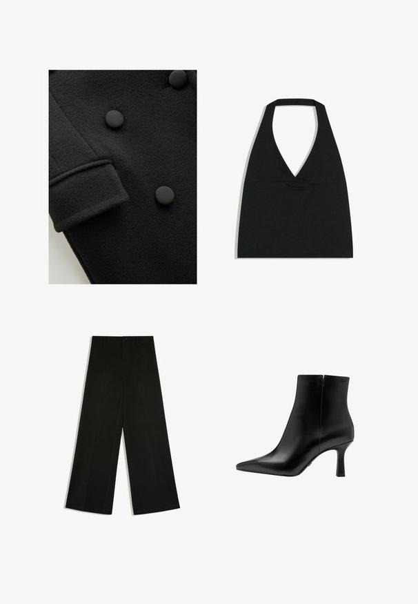 Detail čierneho vlneného kabáta s dvojradovým zapínaním, textúrovaným materiálom, zaoblenými čiernymi gombíkmi a prehnutým manžetom.; Čierny crop top s halter výstrihom do V s hlbokým výstrihom a širokým remienkom na krku na bielom pozadí.; Čierne nohavice s širokými nohavicami, pútkami na opasok, predným zapínaním na gombík a zipsom, rozložené na bielom pozadí.; Čierna kožená členková čižma s špicatou špičkou, vysokým stiletto podpätkom, hladkou textúrou a minimalistickým dizajnom. Obsahuje zapínanie na zips na zadnej strane.
