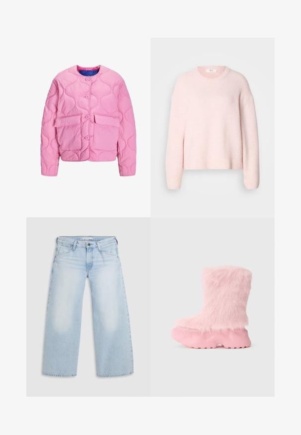 Lyserød quiltet jakke med rund halsudskæring, frontknapper, to store lommer og en glat tekstur. Har cirkulære syninger.; Lyserød strikket sweater, afslappet pasform, rund halsudskæring, ribbet kant og manchetter, blød tekstur, faldende skuldre, uden synlige lukninger eller mønstre.; Lyseblå vid nederdel jeans lavet af denim. Har lige snit, fem lommers design og knaplukning i taljen.; Kraftig pink støvle med tekstureret sål og blød, fluffy faux fur der dækker hele det øverste af støvlen.