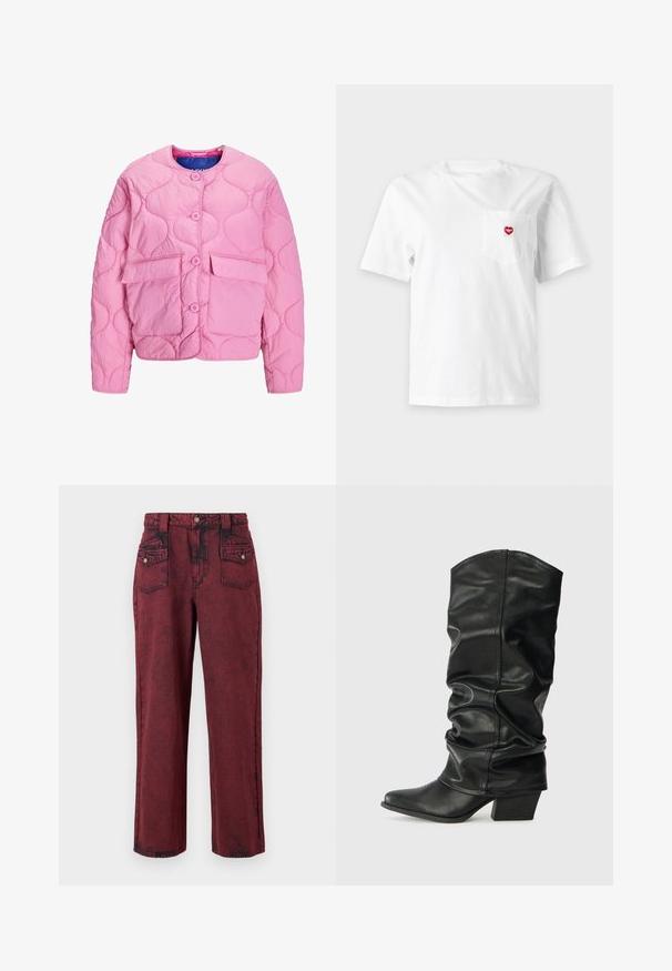 Roze gewatteerde jas met een ronde hals, knopen aan de voorkant, twee grote zakken en een gladde textuur. Bevat cirkelvormige stikpatronen.; Wit T-shirt met korte mouwen met een klein borstzakje met een rood hartvormig logo op een effen lichte achtergrond.; Rode denim broek met een vervaagde textuur, recht gesneden ontwerp, voorzakken en een aansluitende tailleband. Kenmerkt zich door zwarte stikselaccenten.; Zwarte leren laarzen tot de knie met een verslonden ontwerp, puntige neus en een chunky hak, voorzien van een zachte textuur en minimale stiksels.