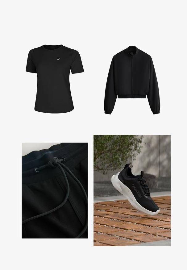 Schwarze, kurz geschnittene Jacke mit langen Ärmeln, Frontreißverschluss, Stehkragen sowie elastischen Bündchen und Saum vor weißem Hintergrund.; Schwarzes Sport-T-Shirt aus glattem Material, mit Rundhalsausschnitt und kurzen Ärmeln. Es verfügt über ein reflektierendes Logo auf der linken Vorderseite.; Schwarze Jogginghosen mit Kordelzugbund und strukturiertem Stoff, wobei der Fokus auf glatten Linien und minimalistischer Gestaltung liegt.; Schwarzer Sportschuh mit glatter Textur, weißer Sohle und Ton-in-Ton-Logodetail. Verfügt über Schnürsenkel und eine hintere Zuglasche. Schwebt über Holzkacheln.