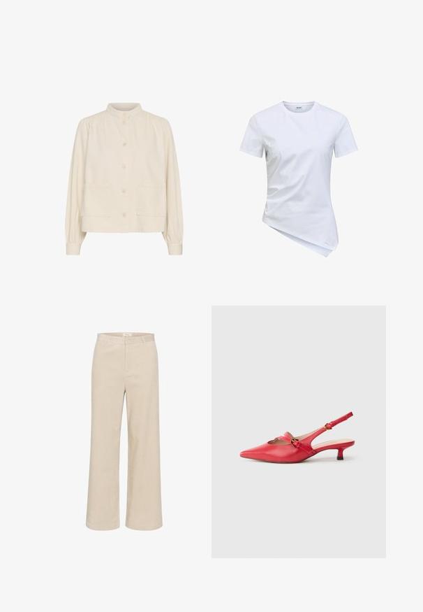 Crèmekleurige blouse met lange mouwen, knopen aan de voorkant, hoge kraag, twee voorzakken en geplooide manchetten op een witte achtergrond.; Wit T-shirt met korte mouwen en een ronde hals, asymmetrische zoom, licht gekreukte stof en een kledinglabel aan de binnenkant van de kraag.; Beige wijde corduroy broek met een subtiele ribbelstructuur, riemlussen, voorrits en twee zijzakken.; Rode leren slingback schoen met puntige neus, lage blokhak, uitgesneden ontwerp aan de voorkant en een verstelbare gespsluiting.
