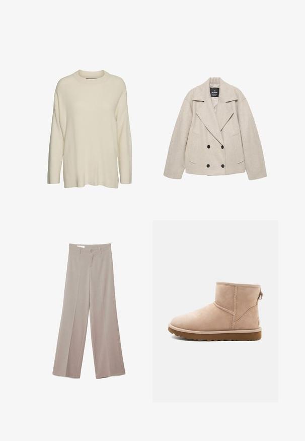 Manteau en laine beige à double boutonnage avec larges revers, deux rangées de boutons noirs et poches fendues avant, posé à plat sur fond blanc.; Pull en maille couleur crème avec un col haut, des manches longues et une coupe décontractée et ample. Le tissu semble texturé et doux.; Pantalon beige à jambes larges avec plis devant, fermeture par boutons, passants pour ceinture et sans poches visibles, présenté sur un fond blanc.; Bottine en daim beige à bout arrondi, avec des accents cousus et une semelle en caoutchouc brun texturé. Elle se distingue par une languette à l'arrière.