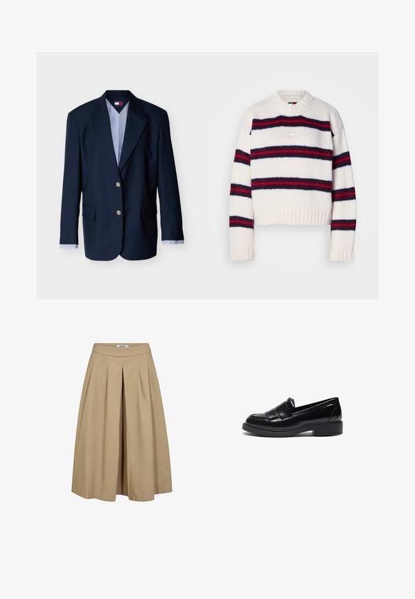 Marineblå enkeltbreasted blazer med to sølvknapper, hakkede revers, klaplommer og stribede skjortearme synlige ved ærmerne.; Strikket cropped sweater i creme med vandrette striber i marineblå og rød. Rund halsudskæring og ribbet kantdetalje. Tekstureret stof.; Beige plisseret nederdel med bred kant og en tætsiddende talje. Lavet af letvægtsstof, har en subtil tekstur og rene linjer.; Sorte læder loafers med et slankt design, der har en rund tå, dekorativ frynse og en lav, struktureret gummisål.