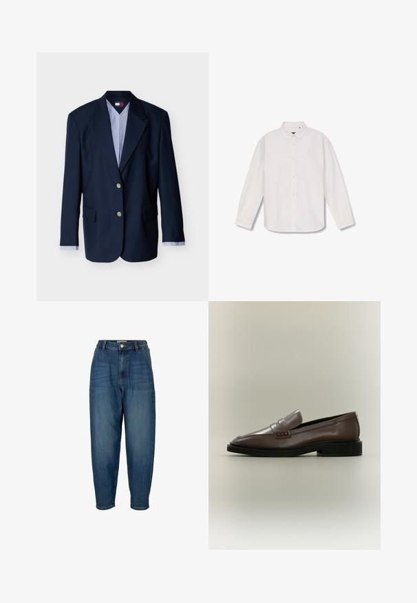 Blazer azul marino de un solo botón cruzado con dos botones plateados, solapas con muesca, bolsillos con solapa y puños de camisa a rayas visibles en las mangas.; Camisa blanca de manga larga con botones, cuello puntiagudo, botones en toda la parte frontal y diseño sencillo, colocada extendida sobre un fondo blanco.; Vaqueros de mezclilla azul de cintura alta con un corte relajado, que presentan bolsillos frontales, cierre de cremallera y un leve desgaste en la tela.; Mocasín marrón de cuero sin cordones con suela negra y tacón bajo, con detalle de correa en la parte superior.
