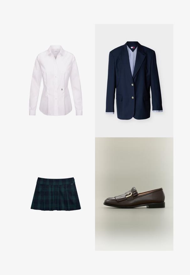 Marineblå enkeltbreasted blazer med to sølvknapper, hakkede revers, klaplommer og stribede skjortearme synlige ved ærmerne.; Hvid langærmet skjorte med knapper, klassisk krave, frontplade, sidesømme og en sort broderet rosedetalje nær kanten.; Rynket nederdel med tern i mørkegrøn og marineblå med en glat talje og logo-accent. Har et klassisk, lagdelt rynkedesign.; Mørkebrune læderloafer med frynsedetalje og guldbeslag på en neutral baggrund, sidevisning.