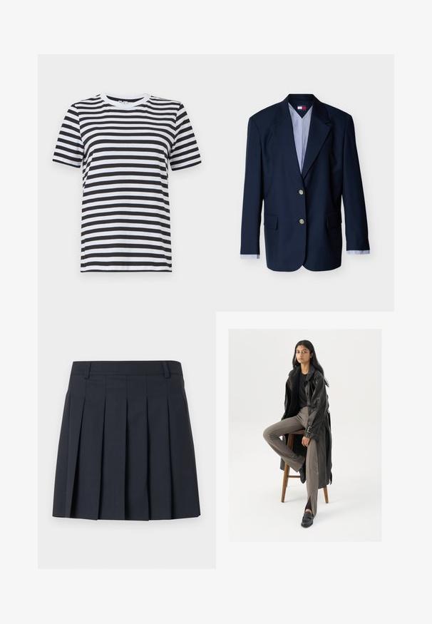 Marineblauer einreihiger Blazer mit zwei silbernen Knöpfen, Notch-Revers, Pattentaschen und gestreiften Hemdmanschetten, die an den Ärmeln sichtbar sind.; Schwarz-weiß gestreiftes T-Shirt aus weicher Baumwolle, mit Rundhalsausschnitt und kurzen Ärmeln, mit gleichmäßig verteilten horizontalen Streifen.; Dunkelblauer, plissierter Rock mit flachem Bund, aus glattem Stoff gefertigt. Verfügt über mehrere vertikale Falten und einen maßgeschneiderten Schnitt.; Schwarzer Leder-Trenchcoat mit Knöpfen und Gürtel-Detail, kombiniert mit hellbraunen, taillierten Hosen und schwarzen Slippern, sitzt auf einem Holzschemel.
