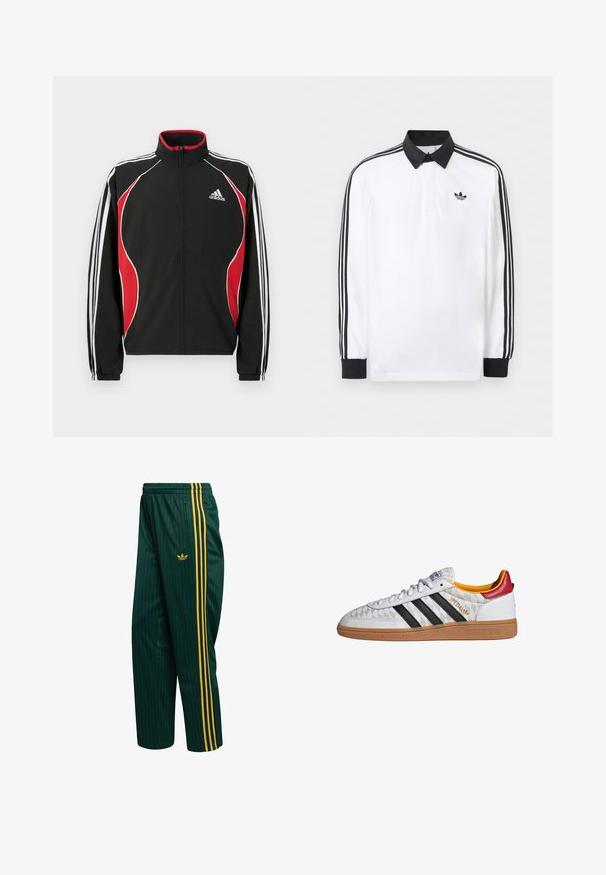 Chaqueta de chándal negra con detalles en rojo y blanco, cierre frontal con cremallera, cuello alto y puños elásticos; presenta tres rayas blancas a lo largo de las mangas.; Polo blanco de manga larga con cuello negro, puños negros, diseño de tres rayas negras en las mangas y logo negro de Adidas en el pecho.; Pantalones de chándal verdes con rayas, hechos de un material suave, con franjas laterales amarillas y un pequeño logo en la parte delantera. Incluye bolsillo con cremallera.; Zapatilla Adidas Spezial blanca con rayas negras, suela de goma, patrón acolchado, lengüeta roja en el talón y forro interior amarillo, vista lateral.