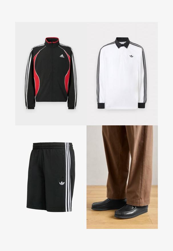 Jachetă de trening neagră cu accente roșii și albe, fermoar frontal, guler înalt și manșete elastice; are trei dungi albe pe mâneci.; Tricou polo alb cu mâneci lungi, guler negru, manșete negre, design cu trei dungi negre pe mâneci și logo Adidas negru pe piept.; Pantaloni scurți atletici negri, confecționați din țesătură ușoară, cu trei dungi albe pe fiecare parte și un logo brodat lângă tiv.; Pantofi negri din piele cu design mocasin și detalii cu cusături, asortați cu pantaloni maro, pe un podea din lemn.