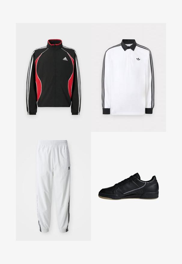 Chaqueta de chándal negra con detalles en rojo y blanco, cierre frontal con cremallera, cuello alto y puños elásticos; presenta tres rayas blancas a lo largo de las mangas.; Polo blanco de manga larga con cuello negro, puños negros, diseño de tres rayas negras en las mangas y logo negro de Adidas en el pecho.; Pantalones deportivos blancos con franjas laterales negras, banda elástica en la cintura y puños; presenta el logo de Adidas en el muslo izquierdo. Textura de tela lisa.; adidas Originals CONTINENTAL 80 SHOES - Zapatillas - black