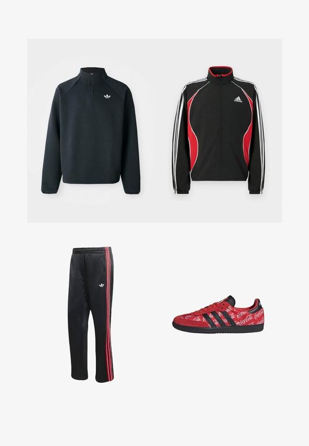 Schwarze Trainingsjacke mit roten und weißen Akzenten, Reißverschluss vorne, hohem Kragen und elastischen Bündchen; verfügt über drei weiße Streifen entlang der Ärmel.; Schwarzer Quarter-Zip-Sweatshirt aus weichem Material, mit Raglanärmeln und einem weißen Logo auf der Brust. Die Bündchen sind elastisch.; Schwarze Jogginghose mit vertikaler Rippstruktur, ausgestattet mit roten und weißen Seitenstreifen sowie einem kleinen weißen Logo am linken Bein.; Roter Adidas Sneaker mit schwarzen Streifen und Sohle, mit weißen Coca-Cola-Logos auf dem gesamten Stoffoberteil.