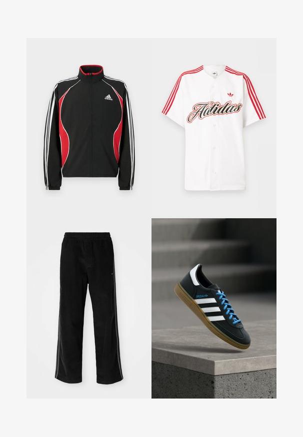 Sort trackjakke med røde og hvide accenter, lynlåslukning foran, høj krave og elastiske manchetter; har tre hvide striber ned ad ærmerne.; Hvid kortærmet skjorte med knapper, med røde Adidas-striber på skuldrene, stor stiliseret "Adidas"-tekst og rødt trefoil-logo på brystet.; Sorte fløjl bukser med en afslappet pasform, der har en elastisk talje og sidelister. Glat tekstur med lodret ribbet detalje.; Sort Adidas sneaker med hvide striber, blå snørebånd og gummisål, der svæver over gråt betontrin i blødt lys.