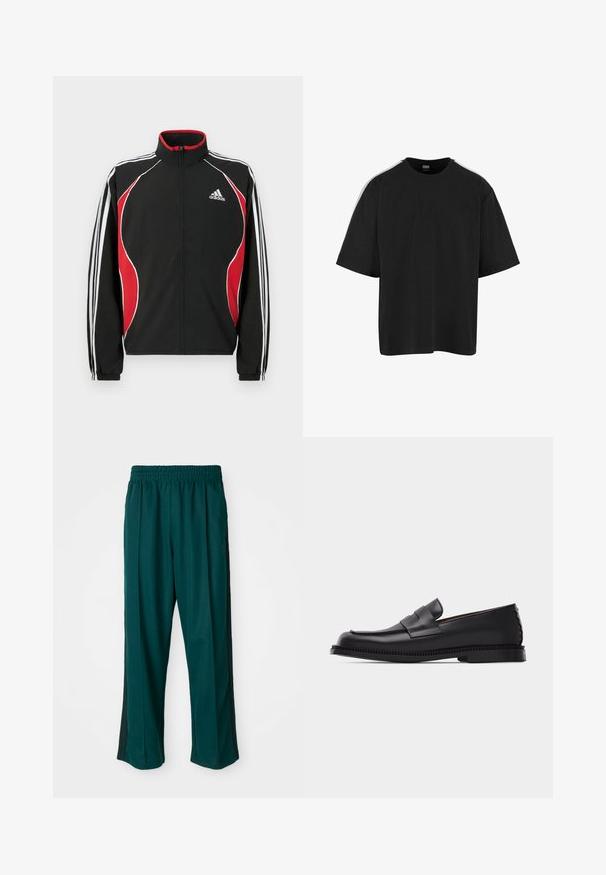 Zwart trainingsjack met rode en witte accenten, ritssluiting aan de voorkant, hoge kraag en elastische manchetten; voorzien van drie witte strepen langs de mouwen.; Zwarte oversized T-shirt met korte mouwen en een witte streep die langs de bovenkant van de schouder en mouw loopt.; Donkergroene sportbroek met een elastische tailleband, straight leg ontwerp en zwarte zijstrepen. Gemaakt van zachte, rekbare stof.; Zwarte leren penny loafer met een lage hak, ronde neus en decoratieve band over het bovenwerk, geplaatst op een eenvoudige lichte achtergrond.