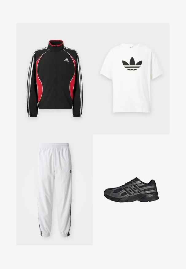Chaqueta de chándal negra con detalles en rojo y blanco, cierre frontal con cremallera, cuello alto y puños elásticos; presenta tres rayas blancas a lo largo de las mangas.; Camiseta de algodón blanca con un gran logo de trébol negro de Adidas y tres franjas horizontales debajo. Manga corta, cuello redondo.; Pantalones deportivos blancos con franjas laterales negras, banda elástica en la cintura y puños; presenta el logo de Adidas en el muslo izquierdo. Textura de tela lisa.; Zapatillas deportivas negras hechas de malla y materiales sintéticos, que presentan una superficie texturizada, múltiples rayas grises y un collar acolchado.