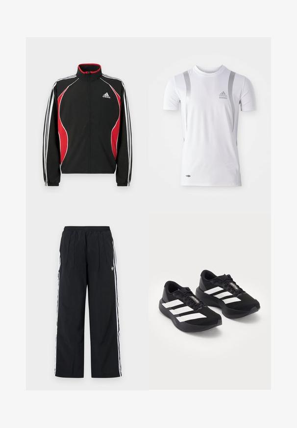 Veste de survêtement noire avec accents rouges et blancs, fermeture éclair à l'avant, col montant et poignets élastiqués ; présente trois bandes blanches le long des manches.; T-shirt de sport blanc à manches courtes avec des accents argentés, présentant un col rond et un logo Adidas sur la poitrine. Fabriqué en tissu évacuant l'humidité.; Pantalon large noir avec rayures blanches sur les côtés, taille élastique, plis à l'avant et logo Adidas sur la cuisse droite.; Paire de chaussures de course noires avec des bandes blanches et le logo "Adizero" sur les lacets, présentée sur un fond clair uni.
