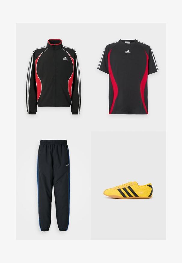 Sort trackjakke med røde og hvide accenter, lynlåslukning foran, høj krave og elastiske manchetter; har tre hvide striber ned ad ærmerne.; Sort kortærmet T-shirt med røde sideakcenter, hvid Adidas-logo på brystet og hvide skulderstriber. Fremstillet af et glat stof.; Sorte atletiske bukser med elastisk talje, blå sideløb, lynlåslommer og tætsiddende benafslutninger for en stram pasform. Lavet af let materiale.; Gul atletiksko med en tekstureret overdel, der har sorte striber og logo. Rundt tå, blød sål og zigzag-mønster på materialet.