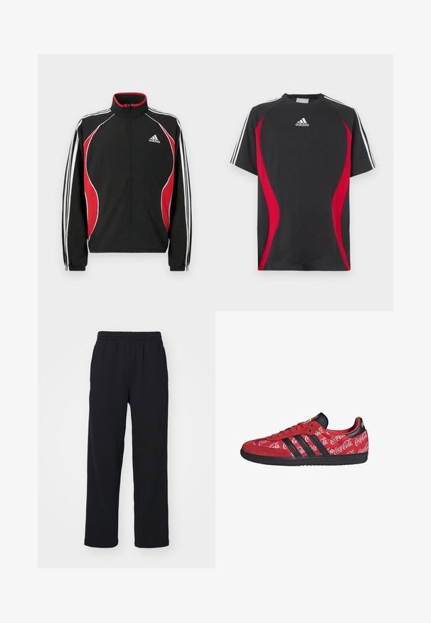 Zwart trainingsjack met rode en witte accenten, ritssluiting aan de voorkant, hoge kraag en elastische manchetten; voorzien van drie witte strepen langs de mouwen.; Zwart T-shirt met korte mouwen, rode accenten aan de zijkanten, wit Adidas-logo op de borst en witte strepen op de schouders. Gemaakt van een gladde stof.; Zwarte sweatpants met een elastische tailleband, rechte benen en gestikte details. Gemaakt van zachte, textuurstof.; Rode Adidas sneaker met zwarte strepen en zool, met witte Coca-Cola-logo's over het hele stoffen bovenwerk.