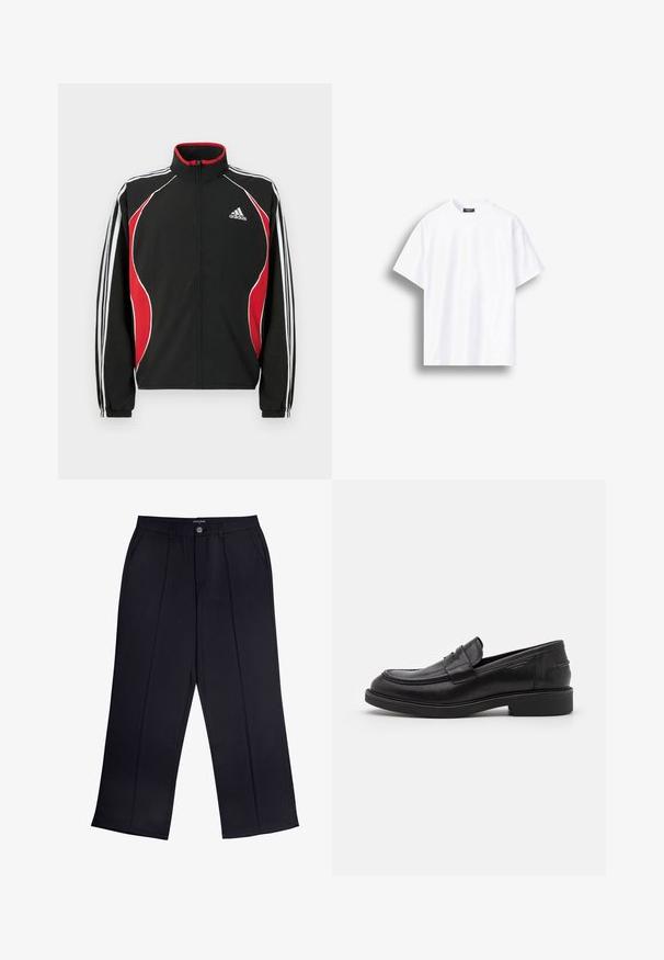 Sort trackjakke med røde og hvide accenter, lynlåslukning foran, høj krave og elastiske manchetter; har tre hvide striber ned ad ærmerne.; Enkel hvid t-shirt med korte ærmer og rund hals med løs pasform, vist mod en hvid baggrund med skygge på venstre side.; Sorte viddebukser lavet af glat stof med lynlås og knaplukning samt forlommer. Bemærkelsesværdige folder ned ad hvert ben.; Sorte læder loafers med en rund tå, tonale syninger og en stropdetalje foran. Gummisål med en lav hæl.