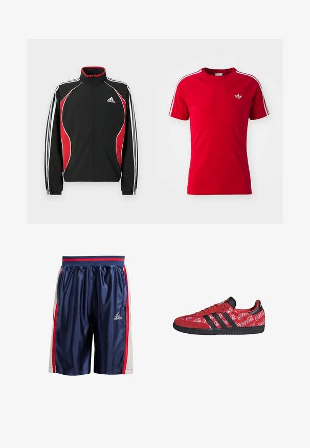 Zwart trainingsjack met rode en witte accenten, ritssluiting aan de voorkant, hoge kraag en elastische manchetten; voorzien van drie witte strepen langs de mouwen.; Rode sportieve t-shirt gemaakt van gladde stof, met witte schouderstrepen en een klein wit logo op de borst. Korte mouwen, ronde halsontwerp.; Blauwe sportshorts met een glanzende afwerking. Voorzien van rode en witte zijkanten met strepen en geventileerde meshpanelen. Elastische tailleband met rode accenten.; Rode Adidas sneaker met zwarte strepen en zool, met witte Coca-Cola-logo's over het hele stoffen bovenwerk.