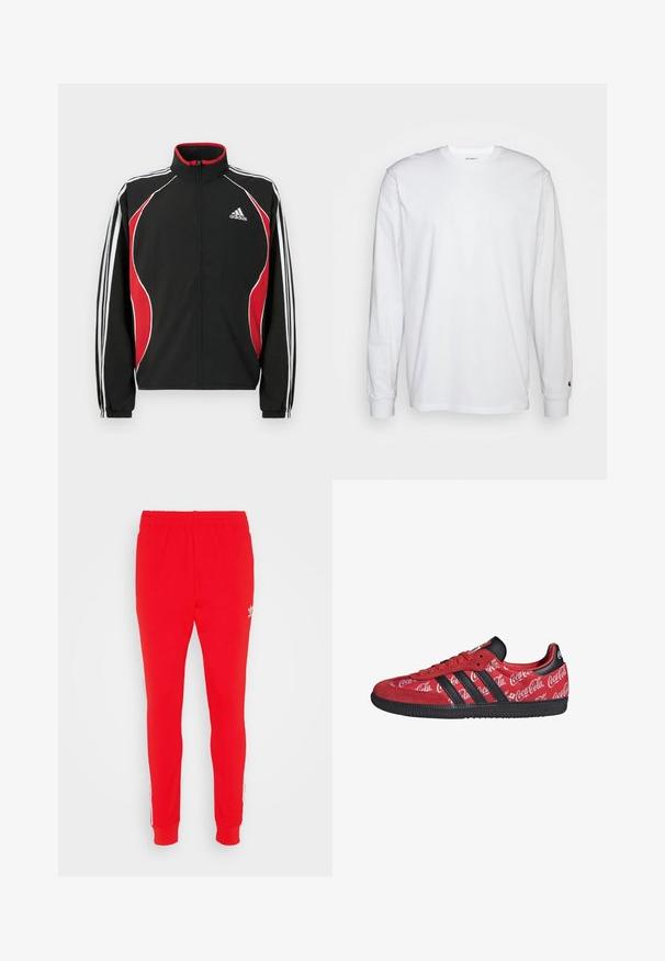 Zwart trainingsjack met rode en witte accenten, ritssluiting aan de voorkant, hoge kraag en elastische manchetten; voorzien van drie witte strepen langs de mouwen.; Witte lange mouwen T-shirt van katoen. Ronde hals ontwerp met ribgebreide manchetten en een klein logo op de linkermouw. Gladde textuur.; Rode sportbroek van een zacht materiaal, met een slim fit, elastische tailleband en witte zijstrepen met logo detail nabij de heup.; Rode Adidas sneaker met zwarte strepen en zool, met witte Coca-Cola-logo's over het hele stoffen bovenwerk.