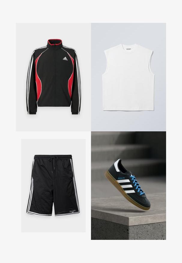 Veste de survêtement noire avec accents rouges et blancs, fermeture éclair à l'avant, col montant et poignets élastiqués ; présente trois bandes blanches le long des manches.; Haut blanc sans manches en coton à col rond avec épaules structurées, marqué "WEEKDAY" sur l'étiquette du col, présenté sur un fond gris clair.; Shorts de sport en mesh noir avec des bandes blanches sur les côtés, taille à cordon et petit logo "Billabong" sur la partie inférieure de la jambe gauche.; Baskets Adidas noires avec des rayures blanches, des lacets bleus et une semelle en gomme flottant au-dessus d'une marche en béton grise sous une lumière douce.