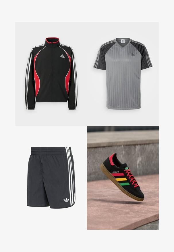 Veste de survêtement noire avec accents rouges et blancs, fermeture éclair à l'avant, col montant et poignets élastiqués ; présente trois bandes blanches le long des manches.; adidas Originals T-shirt imprimé - black/grey; Shorts de sport noirs en tissu texturé, avec trois bandes blanches sur les côtés et un petit logo blanc près de l'ourlet.; Baskets Adidas Spezial noires avec des rayures rouges, jaunes et vertes, des lacets rouges, une semelle gomme et un détail rouge au talon, flottant au-dessus du trottoir.