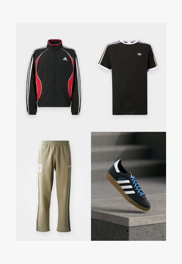 Zwart trainingsjack met rode en witte accenten, ritssluiting aan de voorkant, hoge kraag en elastische manchetten; voorzien van drie witte strepen langs de mouwen.; Zwarte T-shirt van katoen met witte accenten. Beschikt over korte mouwen, raglanontwerp en een klein logo op de borst. Drie witte strepen op de schouders.; Olijfgroene sweatpants met een elastische tailleband, zijzakken, zwarte zijstreepjes en een logo-patch op de dij.; Zwarte Adidas-sneaker met witte strepen, blauwe veters en een gumzool die boven een grijze betonnen trede zweeft in zacht licht.