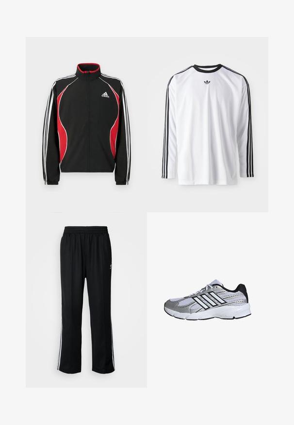 Zwart trainingsjack met rode en witte accenten, ritssluiting aan de voorkant, hoge kraag en elastische manchetten; voorzien van drie witte strepen langs de mouwen.; Witte lange mouw shirt van zachte stof met zwarte accenten, met drie zwarte strepen langs de mouwen en een klein zwart logo.; Zwarte sportbroeken met een elastische tailleband, voorzien van witte zijkanten en een klein logo. Het materiaal lijkt zacht en lichtgewicht te zijn.; Mesh sportieve schoenen in wit en zilver, met zwarte accenten, drie witte streeplogo, gevoerde kraag en een gestructureerde rubberen zool.