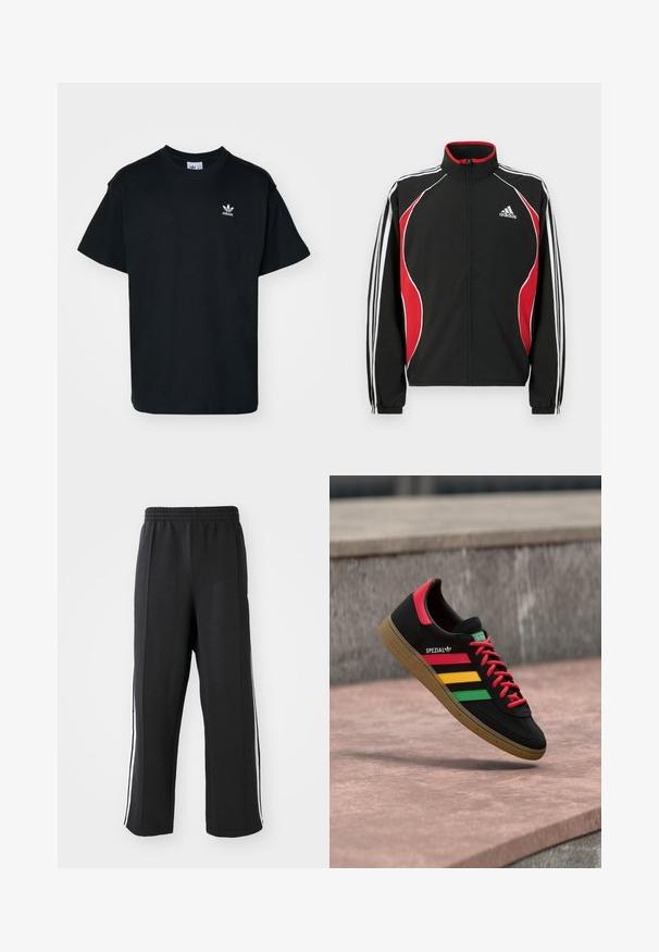 Schwarze Trainingsjacke mit roten und weißen Akzenten, Reißverschluss vorne, hohem Kragen und elastischen Bündchen; verfügt über drei weiße Streifen entlang der Ärmel.; Schwarzes Baumwoll-T-Shirt mit Rundhalsausschnitt und kurzen Ärmeln, das ein kleines weißes Adidas-Logo auf der linken Brustseite trägt.; Schwarze Jogginghose mit elastischem Bund, ausgestattet mit weißen seitlichen Streifen und einem lässigen Schnitt. Hergestellt aus weichem, dehnbarem Stoff.; Schwarzer Adidas Spezial Sneaker mit roten, gelben und grünen Streifen, roten Schnürsenkeln, Gummisohle und rotem Fersen-Detail, schwebend über dem Pflaster gezeigt.