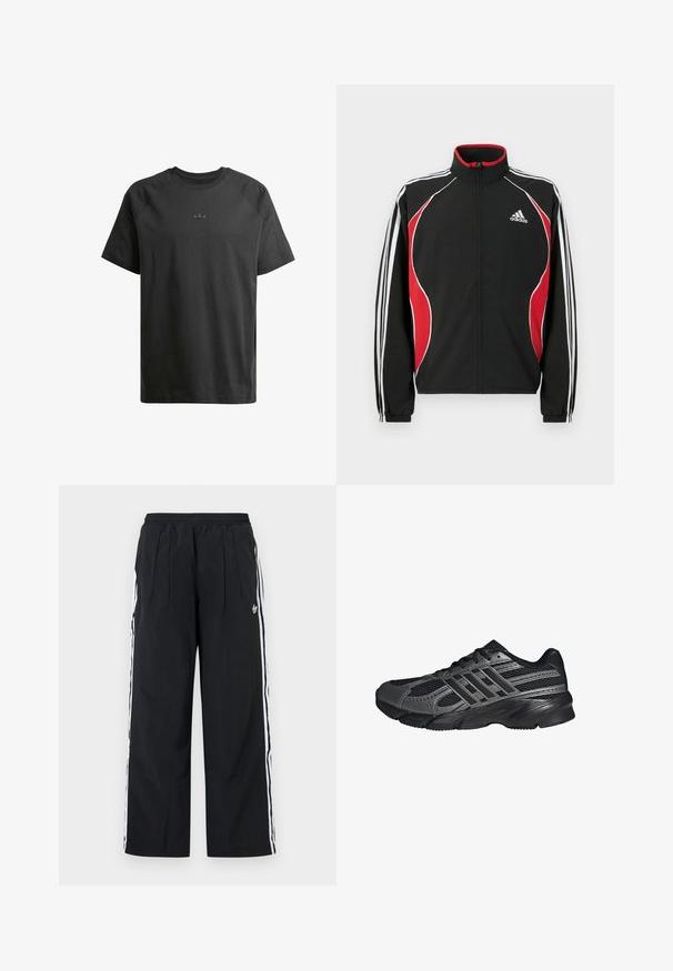 Chaqueta de chándal negra con detalles en rojo y blanco, cierre frontal con cremallera, cuello alto y puños elásticos; presenta tres rayas blancas a lo largo de las mangas.; Camiseta de algodón negra con mangas raglán cortas, que presenta un sutil logo en relieve en el pecho y una textura suave en todo su diseño.; Pantalones anchos de pierna negra con rayas blancas a los lados, cintura elástica, pinzas delanteras y logo de Adidas en el muslo derecho.; Zapatillas deportivas negras hechas de malla y materiales sintéticos, que presentan una superficie texturizada, múltiples rayas grises y un collar acolchado.