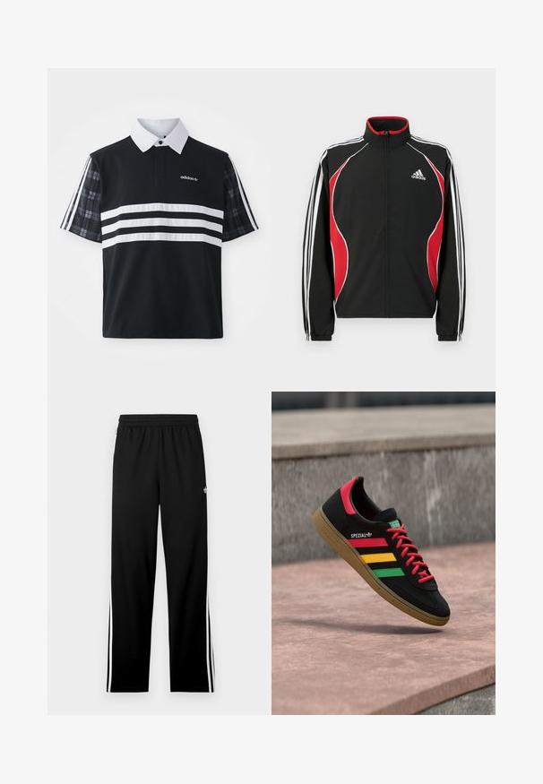 Veste de survêtement noire avec accents rouges et blancs, fermeture éclair à l'avant, col montant et poignets élastiqués ; présente trois bandes blanches le long des manches.; Polo noir avec des rayures blanches et un logo ; présente des manches courtes à carreaux et un col blanc avec une patte de boutonnage.; Pantalon de sport noir en tissu mesh, avec une coupe droite, une taille élastique et des bandes blanches sur les côtés. Logo sportif affiché.; Baskets Adidas Spezial noires avec des rayures rouges, jaunes et vertes, des lacets rouges, une semelle gomme et un détail rouge au talon, flottant au-dessus du trottoir.