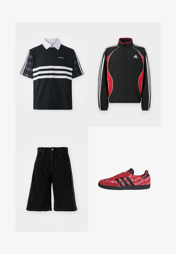 Chaqueta de chándal negra con detalles en rojo y blanco, cierre frontal con cremallera, cuello alto y puños elásticos; presenta tres rayas blancas a lo largo de las mangas.; Camisa polo negra con rayas blancas y un logotipo; cuenta con mangas cortas de cuadros y un cuello blanco con una hilera de botones.; Pantalones cortos de mezclilla negros con un diseño de pierna ancha, que cuentan con una cintura alta, pasadores para cinturón y bolsillos delanteros. Detalles de costura y herrajes minimalistas.; Zapatilla roja Adidas con rayas negras y suela, con logotipos blancos de Coca-Cola por toda la parte superior de tela.