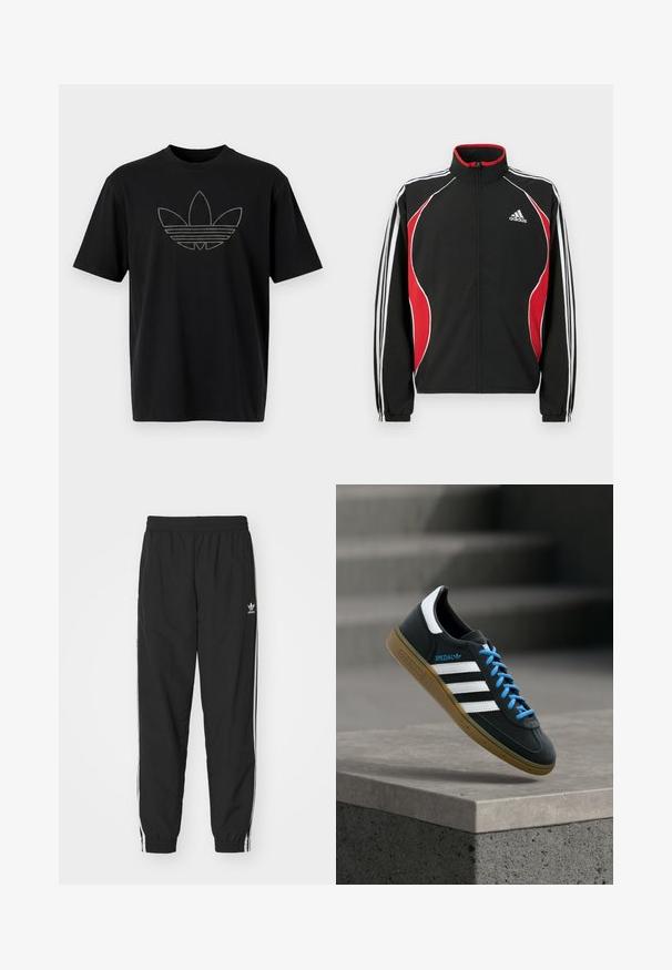 Sort trackjakke med røde og hvide accenter, lynlåslukning foran, høj krave og elastiske manchetter; har tre hvide striber ned ad ærmerne.; Sort bomuld T-shirt med et stort, omridset Adidas-logo i reflekterende materiale med vandrette linjer på forsiden. Korte ærmer.; Sorte træningsbukser med elastisk talje og manchetter, med hvide sidelister og et lille hvidt Adidas-logo på venstre hofte.; Sort Adidas sneaker med hvide striber, blå snørebånd og gummisål, der svæver over gråt betontrin i blødt lys.