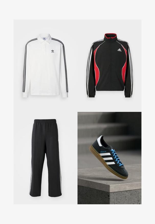 Zwart trainingsjack met rode en witte accenten, ritssluiting aan de voorkant, hoge kraag en elastische manchetten; voorzien van drie witte strepen langs de mouwen.; Witte langlopende polo met klassieke kraag, zwarte drie-strepenaccenten langs de mouwen en een klein zwart logo op de borst.; Zwarte trainingsbroek met een elastische tailleband, voorzien van witte zijstrepen en een relaxte pasvorm. Gemaakt van zachte, rekbare stof.; Zwarte Adidas-sneaker met witte strepen, blauwe veters en een gumzool die boven een grijze betonnen trede zweeft in zacht licht.