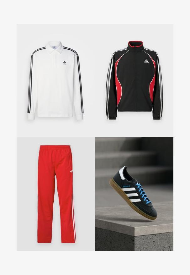 Sort trackjakke med røde og hvide accenter, lynlåslukning foran, høj krave og elastiske manchetter; har tre hvide striber ned ad ærmerne.; Hvid langærmet polo shirt med klassisk krave, sorte tre-stribede accenter ned langs ærmerne og et lille sort logo på brystet.; Røde træningsbukser lavet af letvægtsstof med elastisk linning og hvide striber ned langs siderne. Har et lille logo nær hoften.; Sort Adidas sneaker med hvide striber, blå snørebånd og gummisål, der svæver over gråt betontrin i blødt lys.