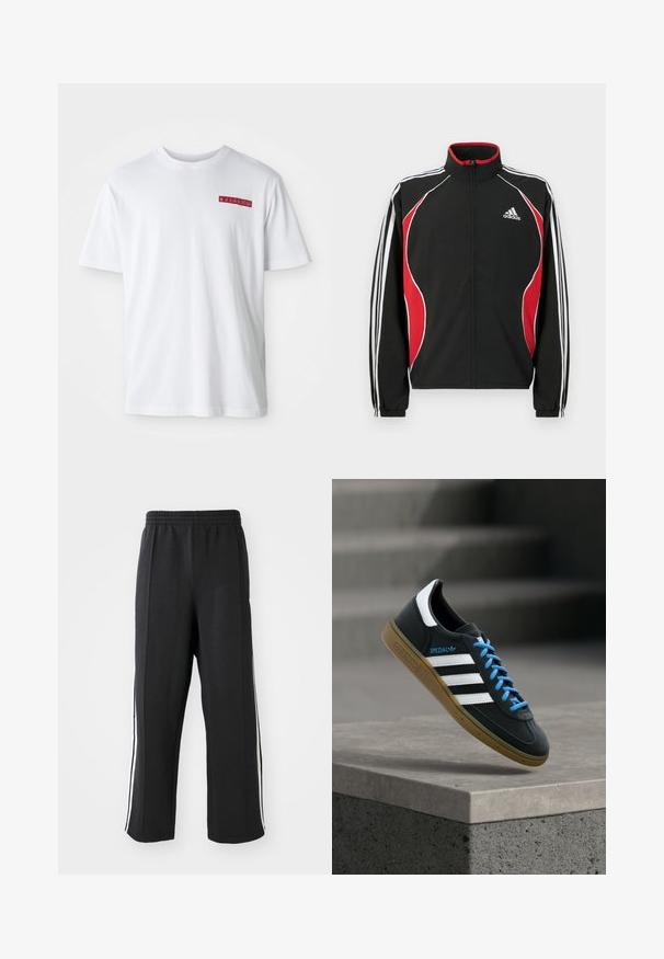Chaqueta de chándal negra con detalles en rojo y blanco, cierre frontal con cremallera, cuello alto y puños elásticos; presenta tres rayas blancas a lo largo de las mangas.; Camiseta de algodón blanca con cuello redondo, mangas cortas y un pequeño detalle gráfico rojo en el área del pecho izquierdo.; Pantalones de chándal negros con cintura elástica, con franjas laterales blancas y un corte relajado. Hechos de una tela suave y elástica.; Zapatilla negra Adidas con franjas blancas, cordones azules y suela de goma flotando sobre un escalón de hormigón gris con luz suave.